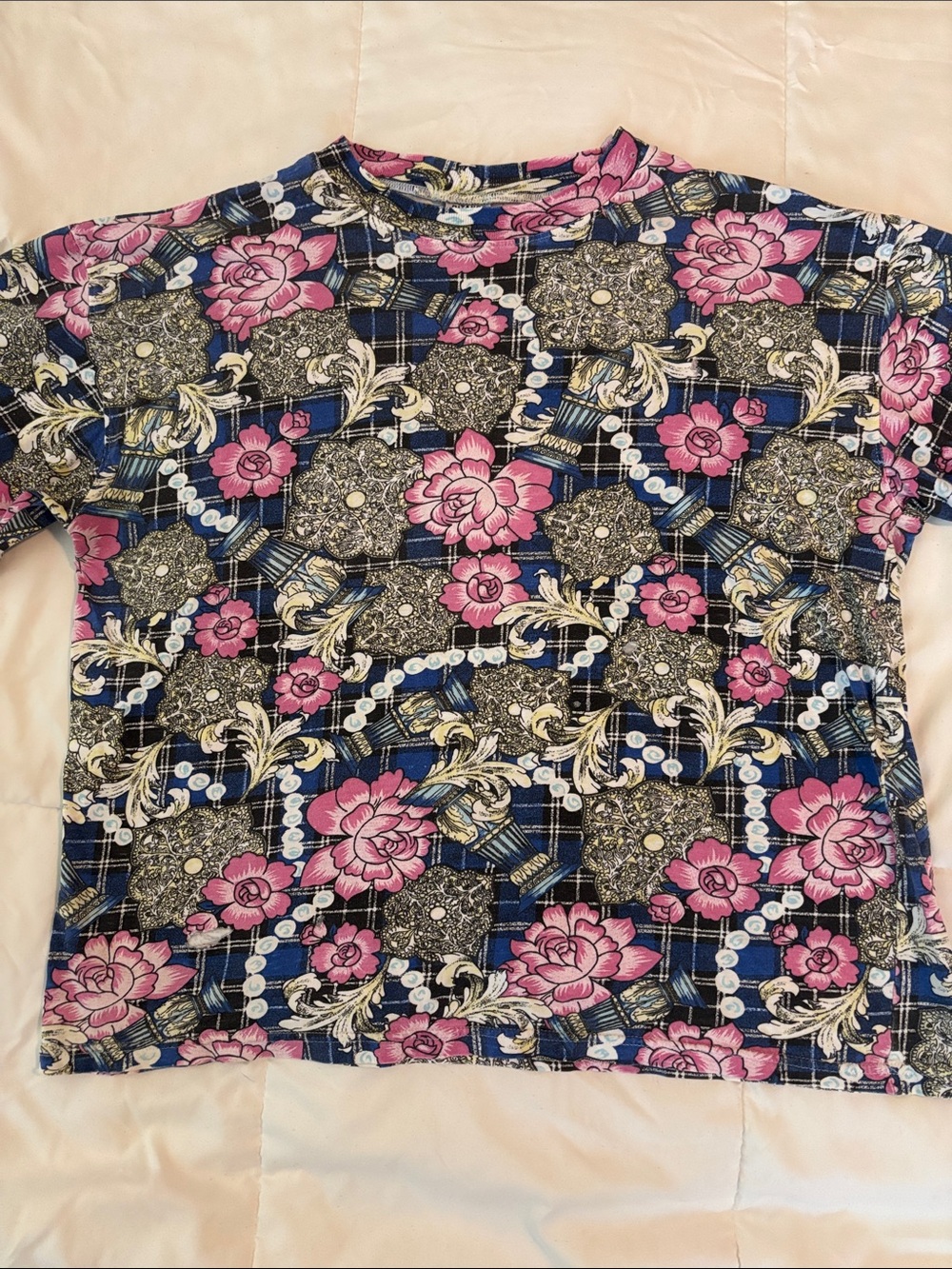 Gitano Pink Floral & Blue Plaid Short Sleeve Tee